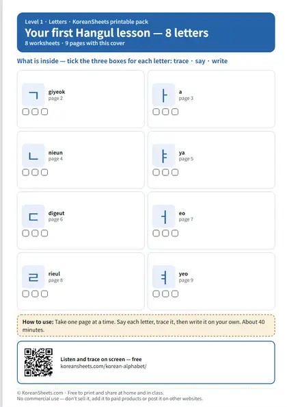 Cover of the first Hangul lesson practice sheets: a tick list of eight letters with page numbers